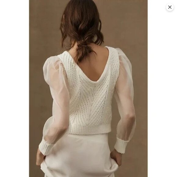 Maeve Anthropologie White Twofer Sheer Sleeve Cable Knit Sweater - Picture 2 of 10